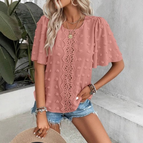Simple Design Lace Round Neck Breathable Blouse Easy To Match Loose Fit - Picture 21 of 72