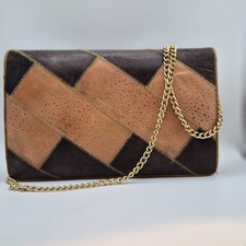 Vintage Patchwork Leather Clutch Bag Chain Strap Ostrich Texture 1970s Venus Zip