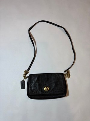 Coach Black Pebbled Leather Turnlock Crossbody Shoulder Bag Brass 