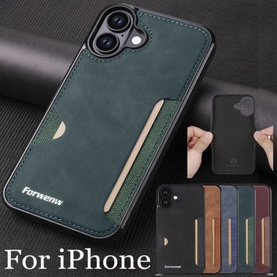For iPhone 16e 15 14 13 12 11 Pro Max XS Plus Case Card Holder Leather TPU Cover