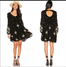 Free People M Black Gauze Embroidered Floral Puff Long Sleeve Mini Dress Tunic