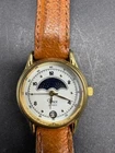 Vintage Timex Moon Phase Watch Women's 24mm Gold Tone Date Brown Leather Band