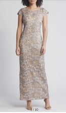 XSCAPE Women’s Short Sleeve Embroidered Lace Boat Neck Maxi Dress Rose/Gold Sz 6