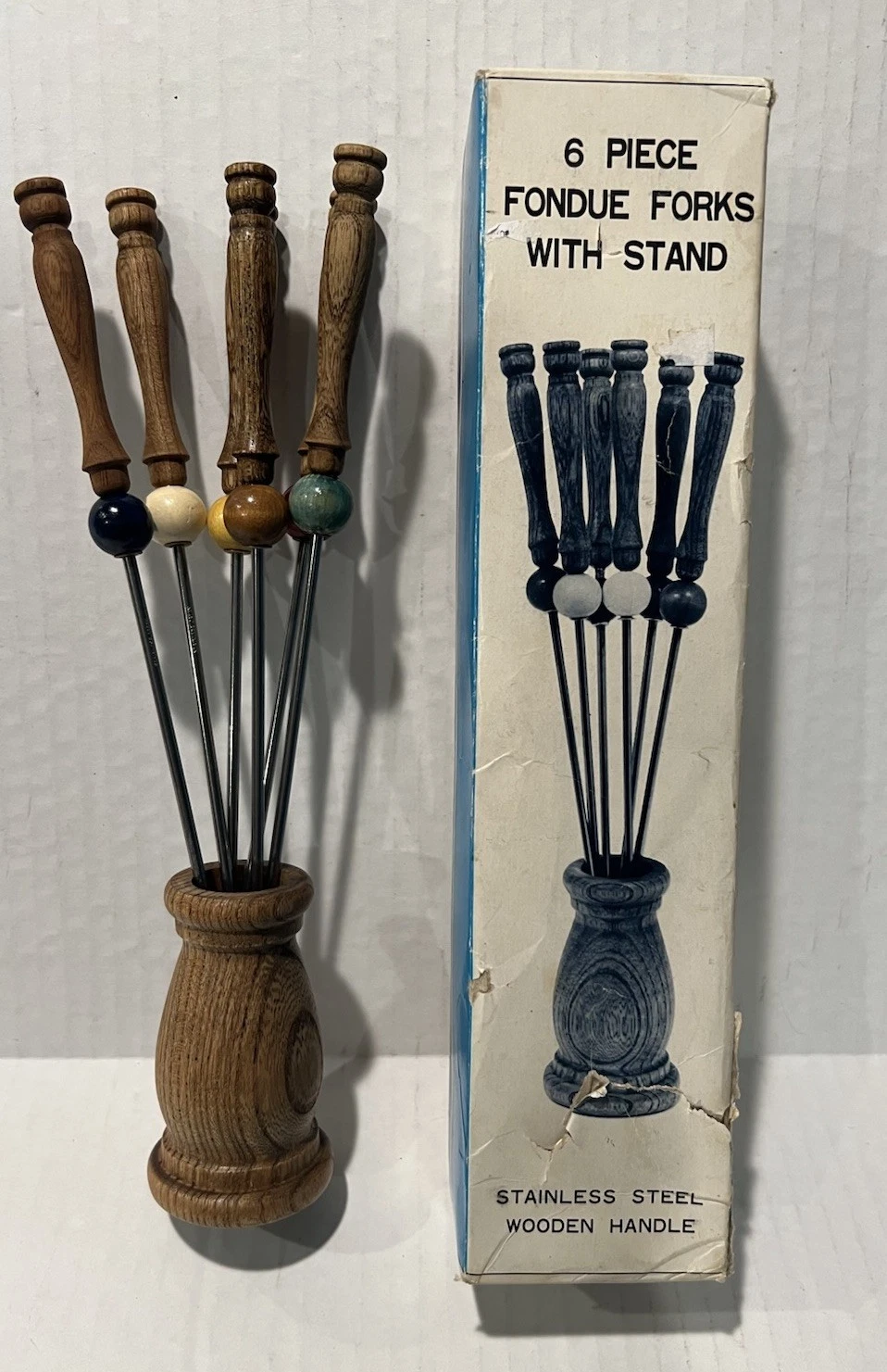 Vintage Fondue Skewer Iron Stand Set Colored Ball Tips 6 Fork Wood Handle MCM