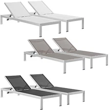 2 Outdoor Lounge Sun Chairs Black, White, Gray Textiline Mesh Brushed Aluminum