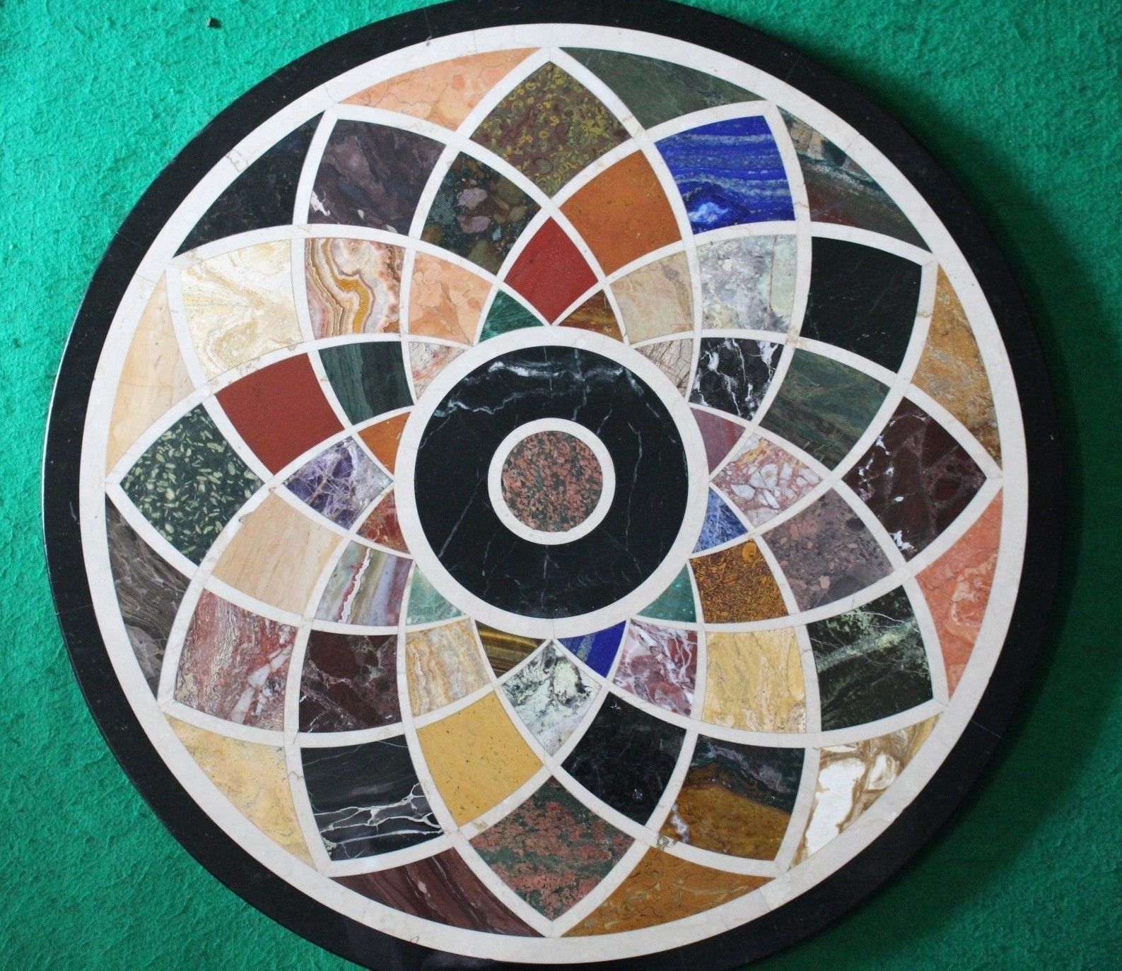 24-Inch Black Marble Coffee Table with Semi-Precious Stone Floral Inlay