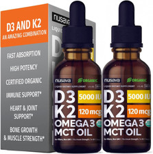 2 Pack Organic Vitamin D3 K2 Drops w MCT Oil Omega 3, 1 Fl Oz Pack of 2
