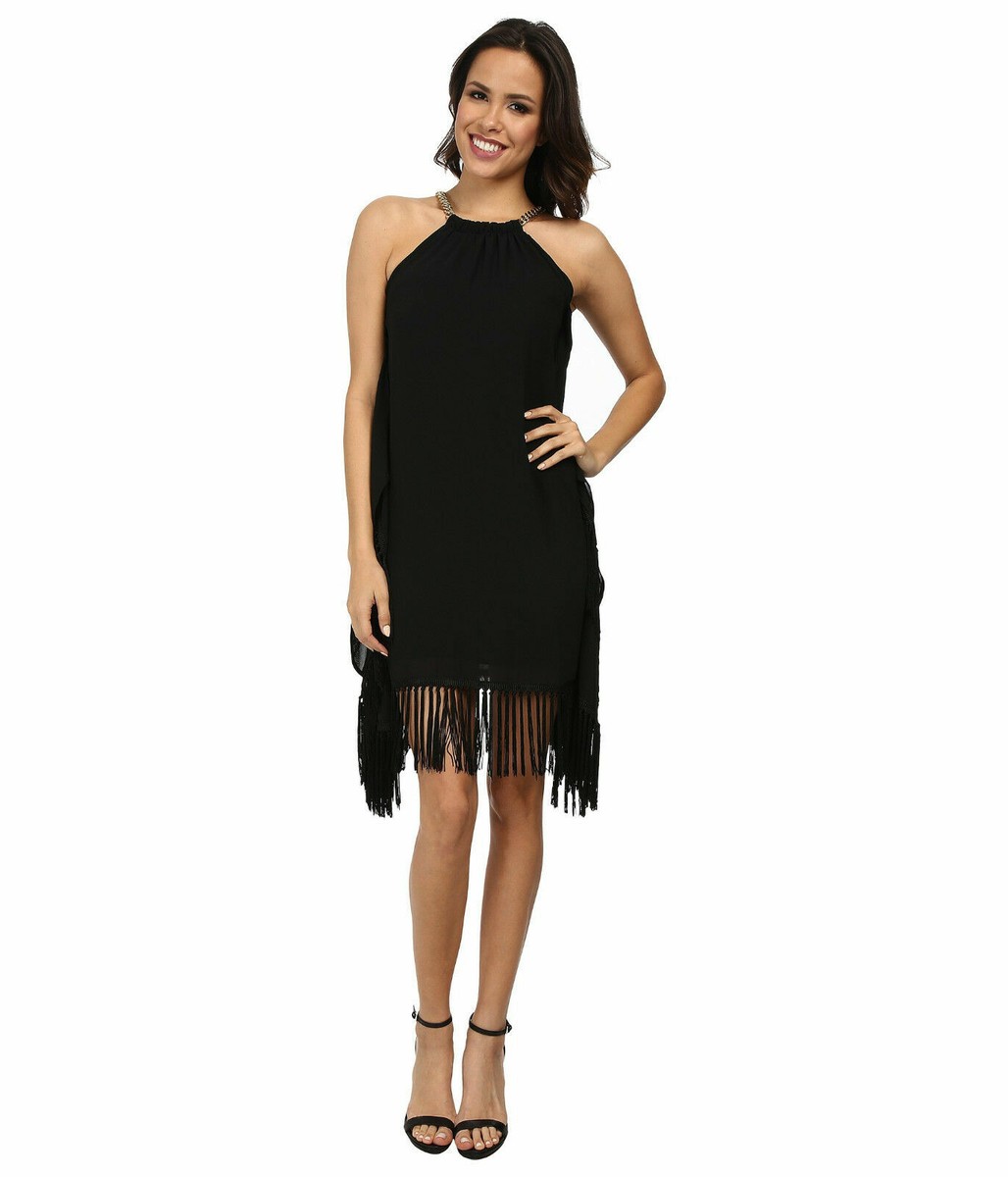 michael kors black halter dress Michael Kors, Chain-Halter Fringe Dress, Black, XS Casual dresses