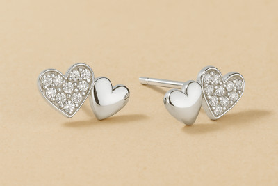 Sterling Silber Doppel Herzschliff Solitär Ohrstecker 6 mm und 4 mm