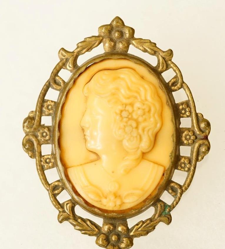 Estate Jewelry Celluloid Cameo Lady Profile Brass Floral Bezel