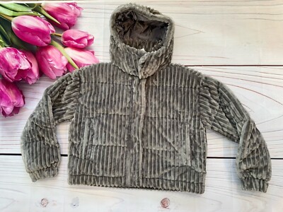 New American Eagle Womens Hooded Textured Ribbed Puffer Zip Coat Jacket Gray Xs