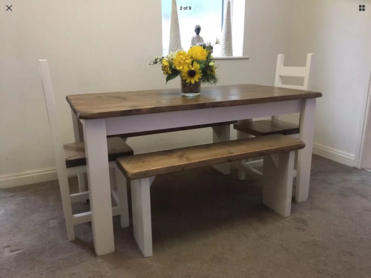 Hand Crafted Rustic Farmhouse Dining Table 2 Chairs And 2 Benches