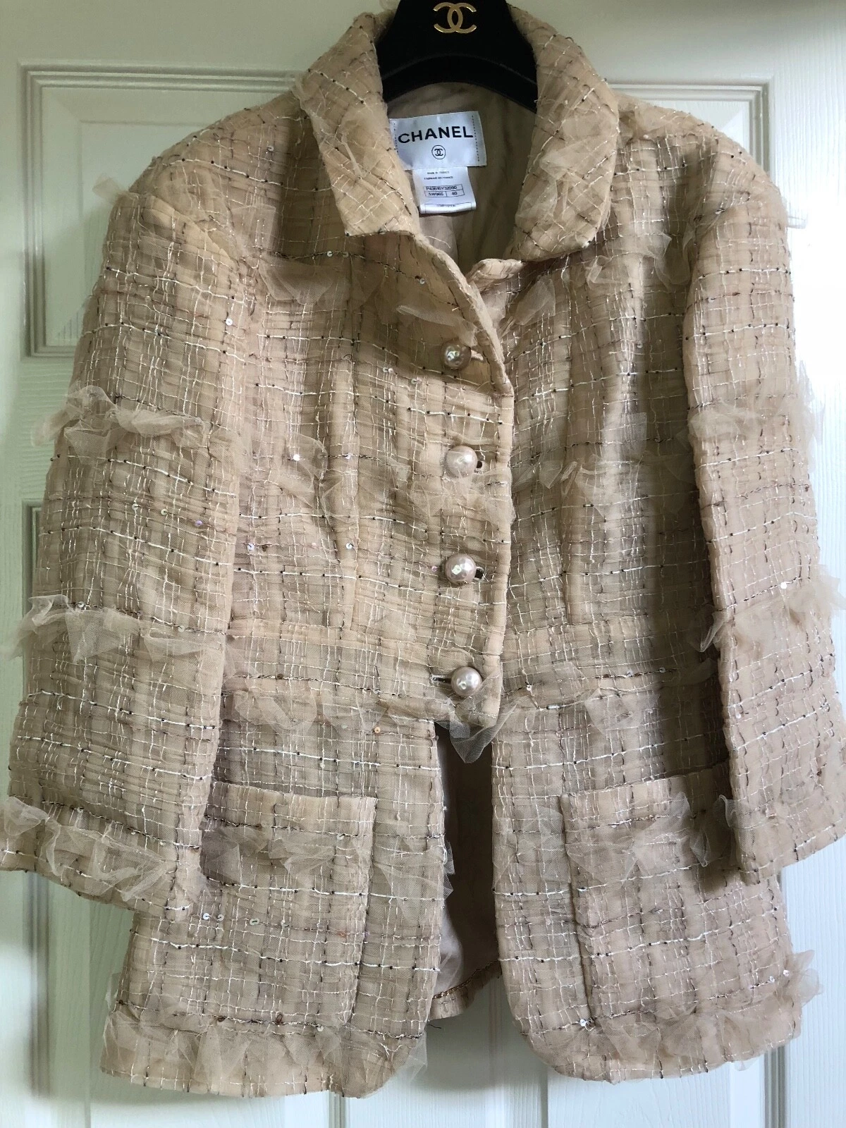 CHANEL 12P VINTAGE NUOVA GIACCA TWEED TULLE BEIGE PAILLETTES ARRUFFATE CC FR38 40 $13K