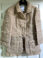 CHANEL 12P VINTAGE NEW TWEED JACKET TULLE BEIGE RUFFLED SEQUIN CC FR38 $13K