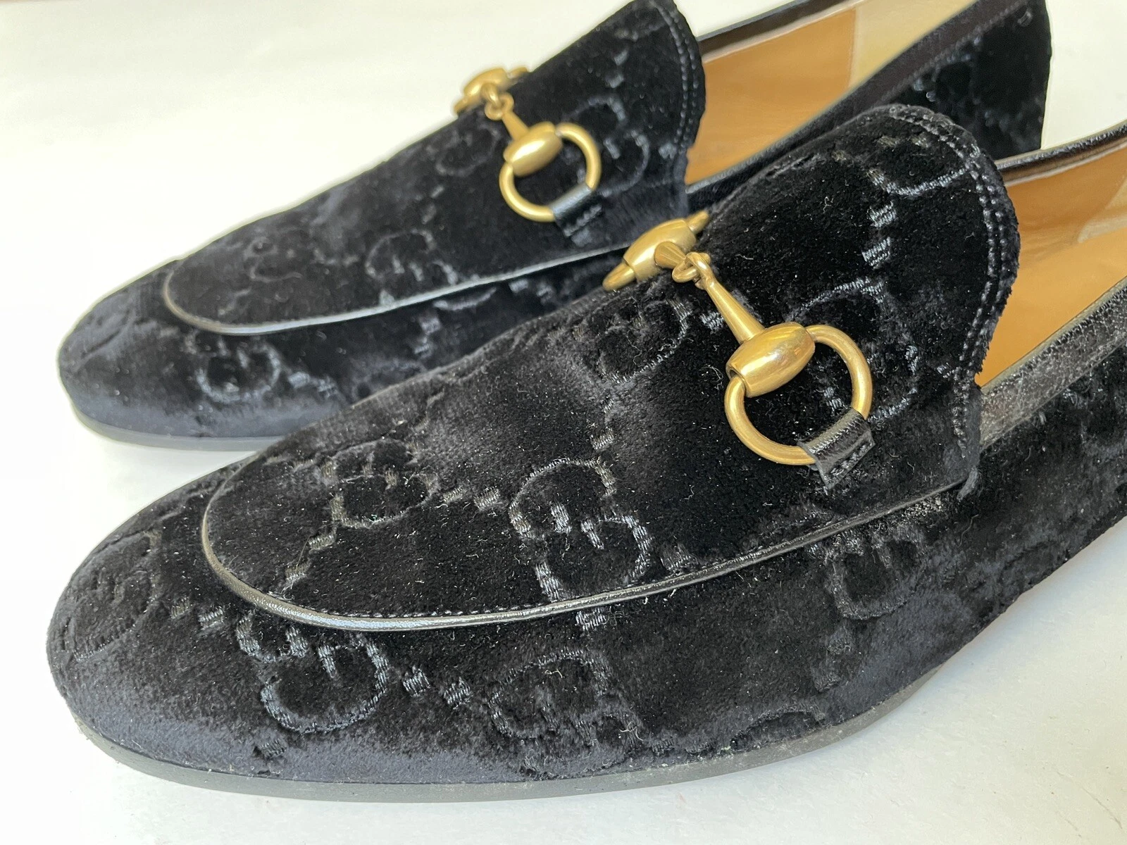 GUCCI homme Princetown velours noir GG or Horsebit slides taille UK 7,5, US 8