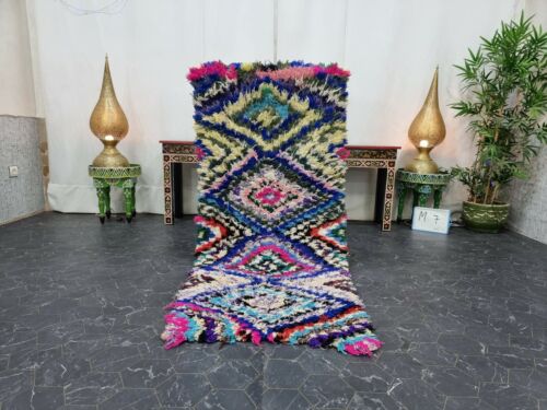 Moroccan Handmade Vintage Rug 2'7''x6' Berber Geometric Multicolor Cotton Carpet - Picture 1 of 12