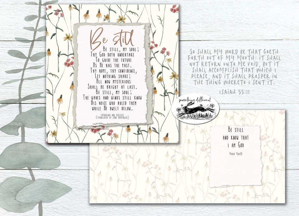 SOMETHING DIFFERENT PACK OF 4 Be Still HYMN CARDS Christian verse - watercolour Flower painting