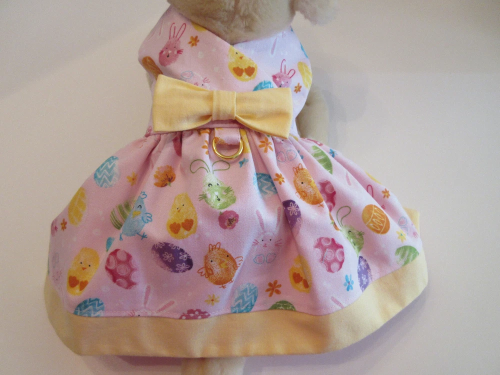 Dog harness dress Easter pink yellow chicks eggs handmade xxs