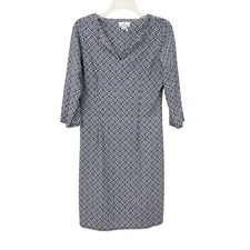 Jude Connally Split Neck Shift Dress Size M Jude Cloth 3/4 Sleeve Blue White