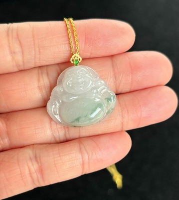Icy Floating Green Laughing Buddha Jadeite Jade Pendant 18K Gold Buckle