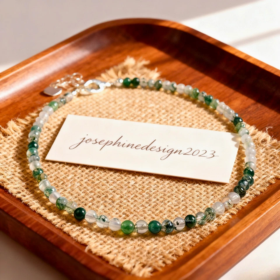 Tobillera de cristal de ágata de musgo natural cuentas redondas curación minimalista joyería para mujer Foto 3 de 4