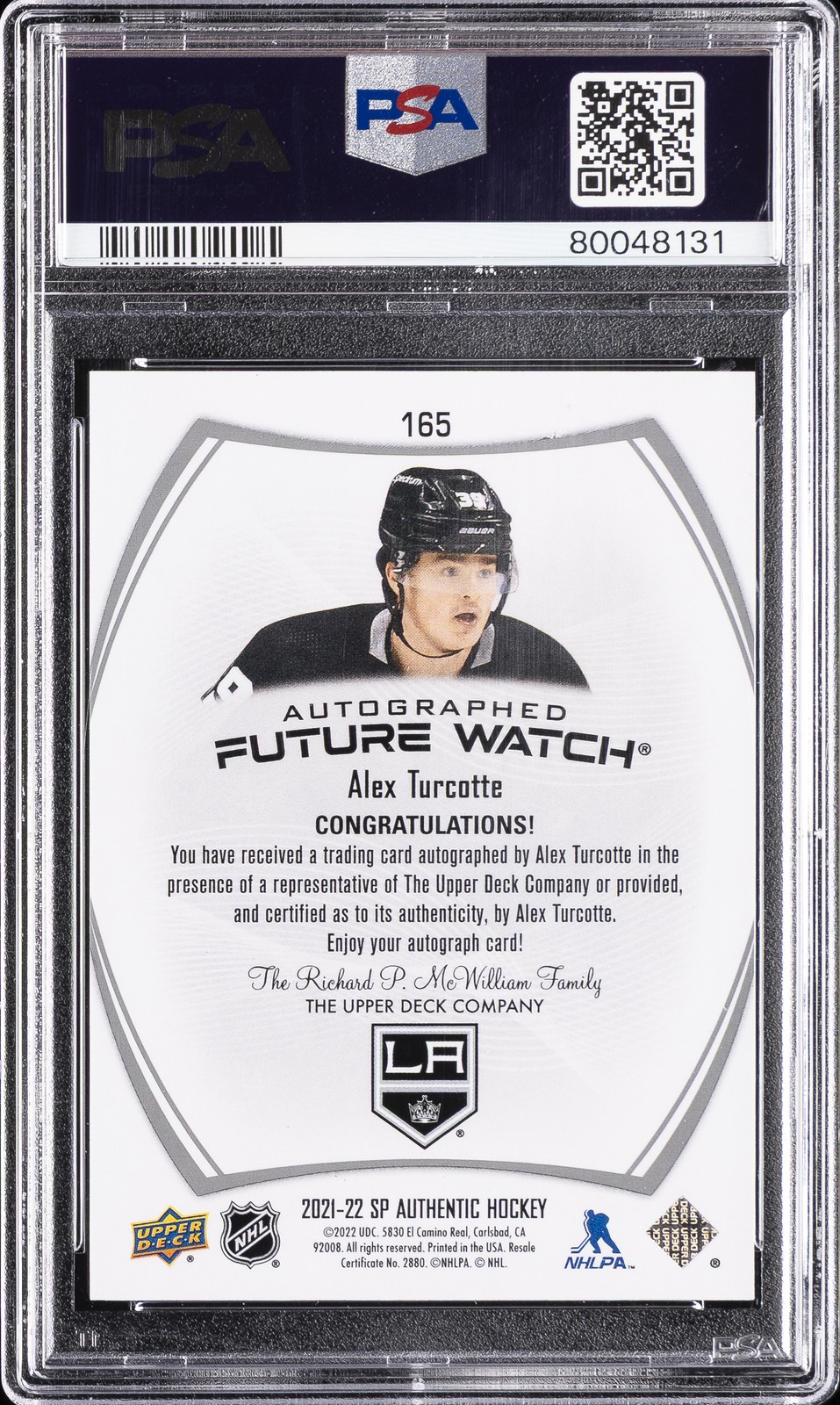 2021 SP AUTHENTIC AUTO #165 ALEX TURCOTTE ROOKIE RC 88/999 PSA 10 view 2