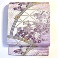 Japanese Kimono 89 Fukuro Obi Belt Silk Karaori Purple Silver White Floral