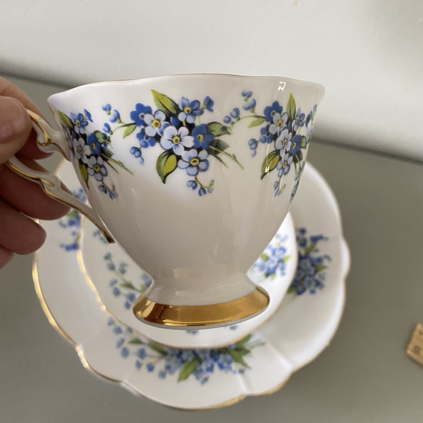 Royal Standard Tea Cup Saucer Dessert Plate Trio Forget Me Not Floral Mourning