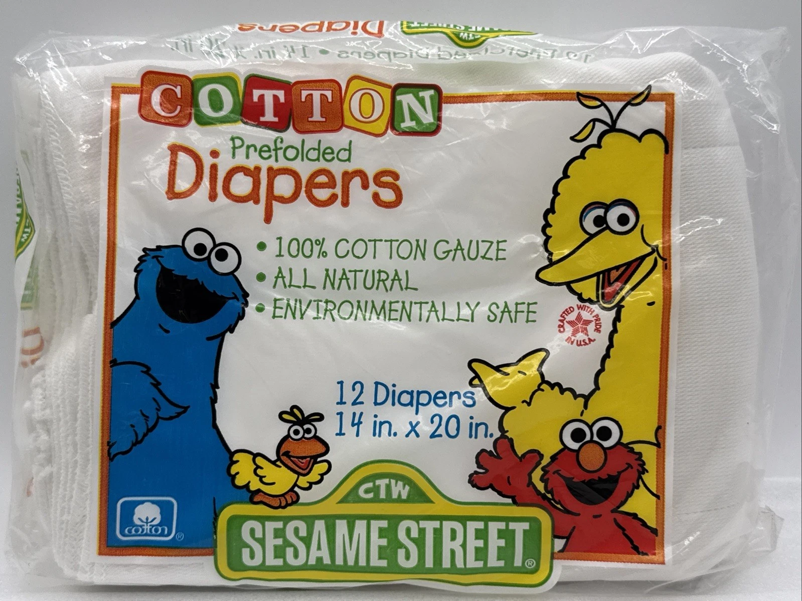 Sesame Street Prefolded Cotton 12 Diapers 14x20" 1998 100% Cotton Gauze Vintage