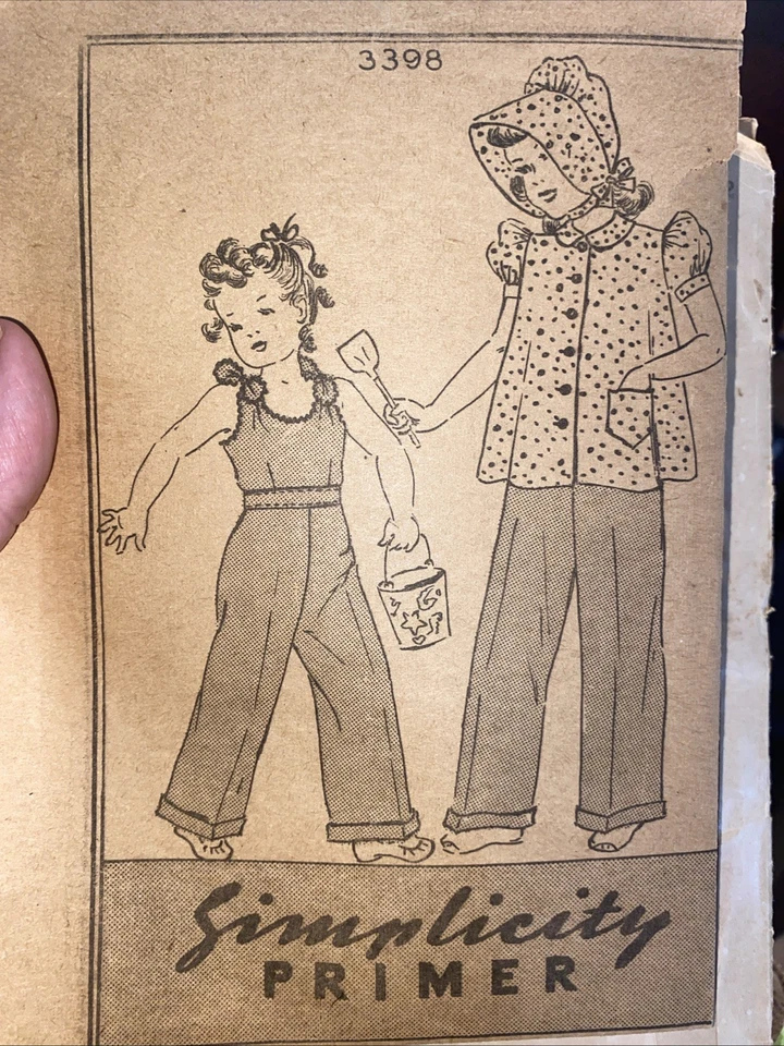 1930s Simplicity Sewing Pattern 3398 Girls Overalls Smock Bonnet Sz 8 Antq - Image 2 of 4