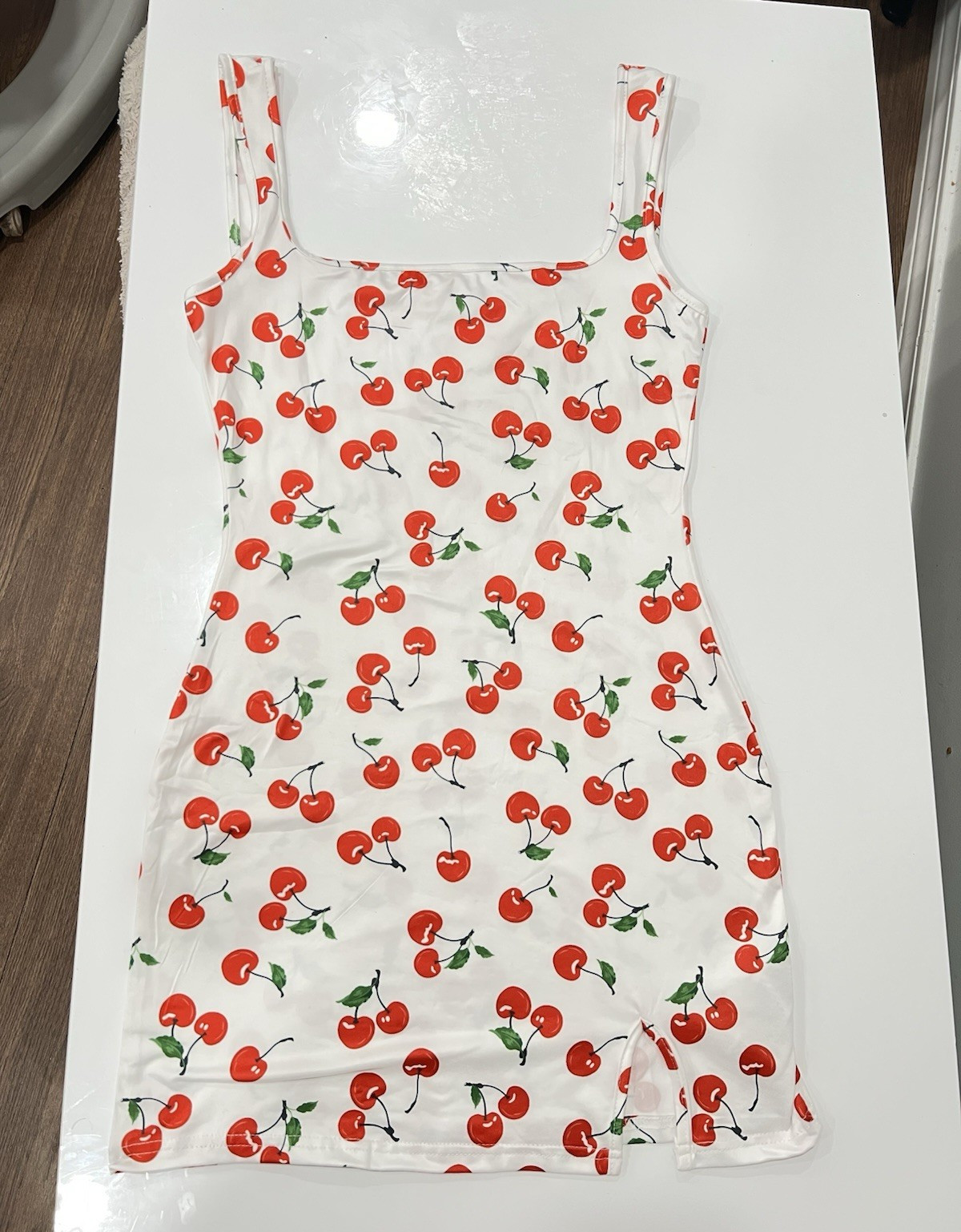 SHEIN White Cherry Square Neck Strappy Sleeveless Stretch Mini Bodycon Dress S