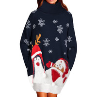 Damen Strickkleid Oversize Festlich Weihnachten Dunkelblau L
