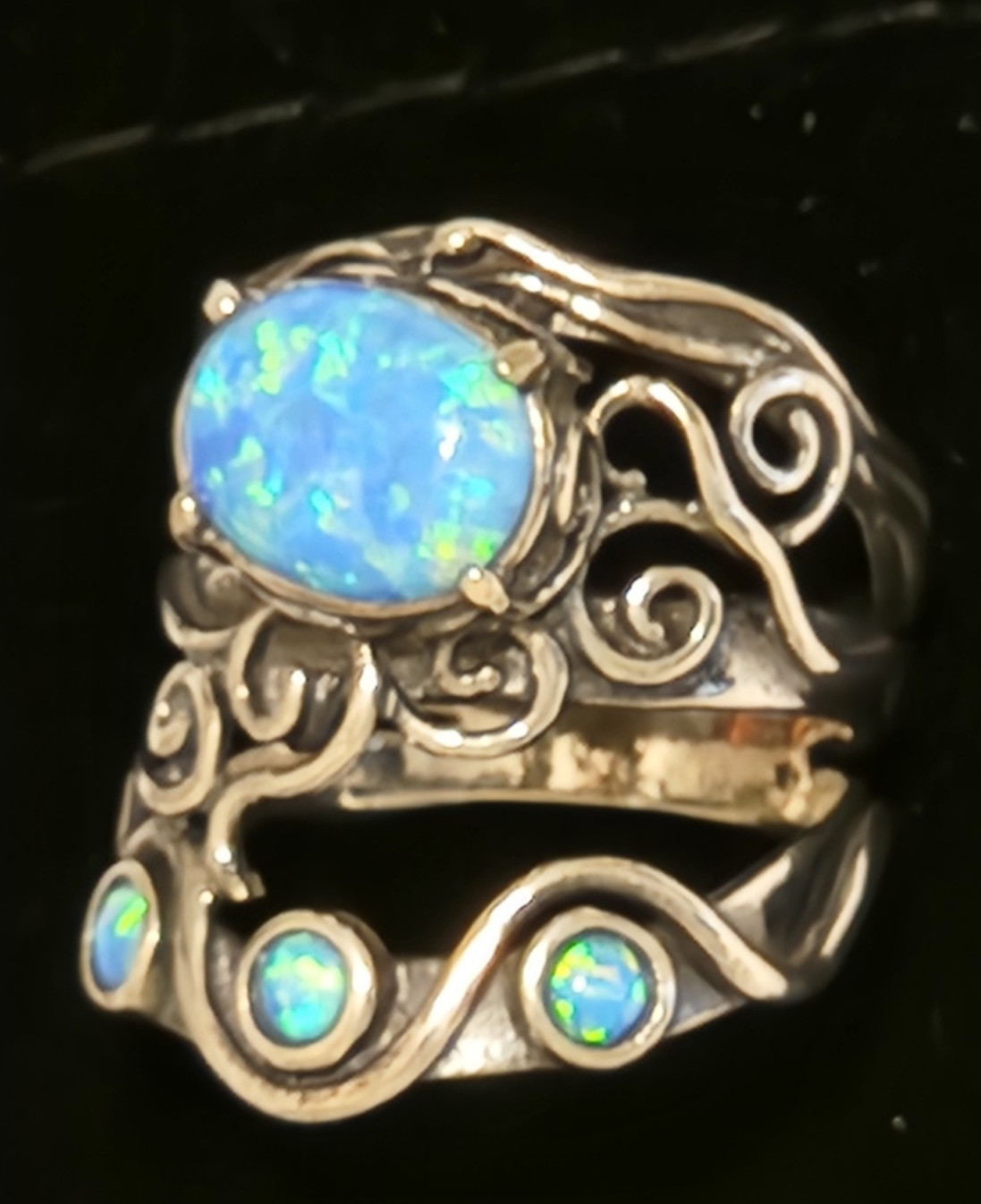 Unique Blue Fire Opal Scroll Statement Ring 925 S… - image 17