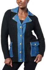 Antthony Women's Mixed Media Denim Trim Sweater Jacket Black