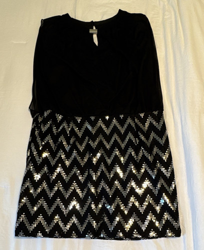 Perceptions New York Shift Dress Chiffon Sequin Chevron Lined Black/Silver 18