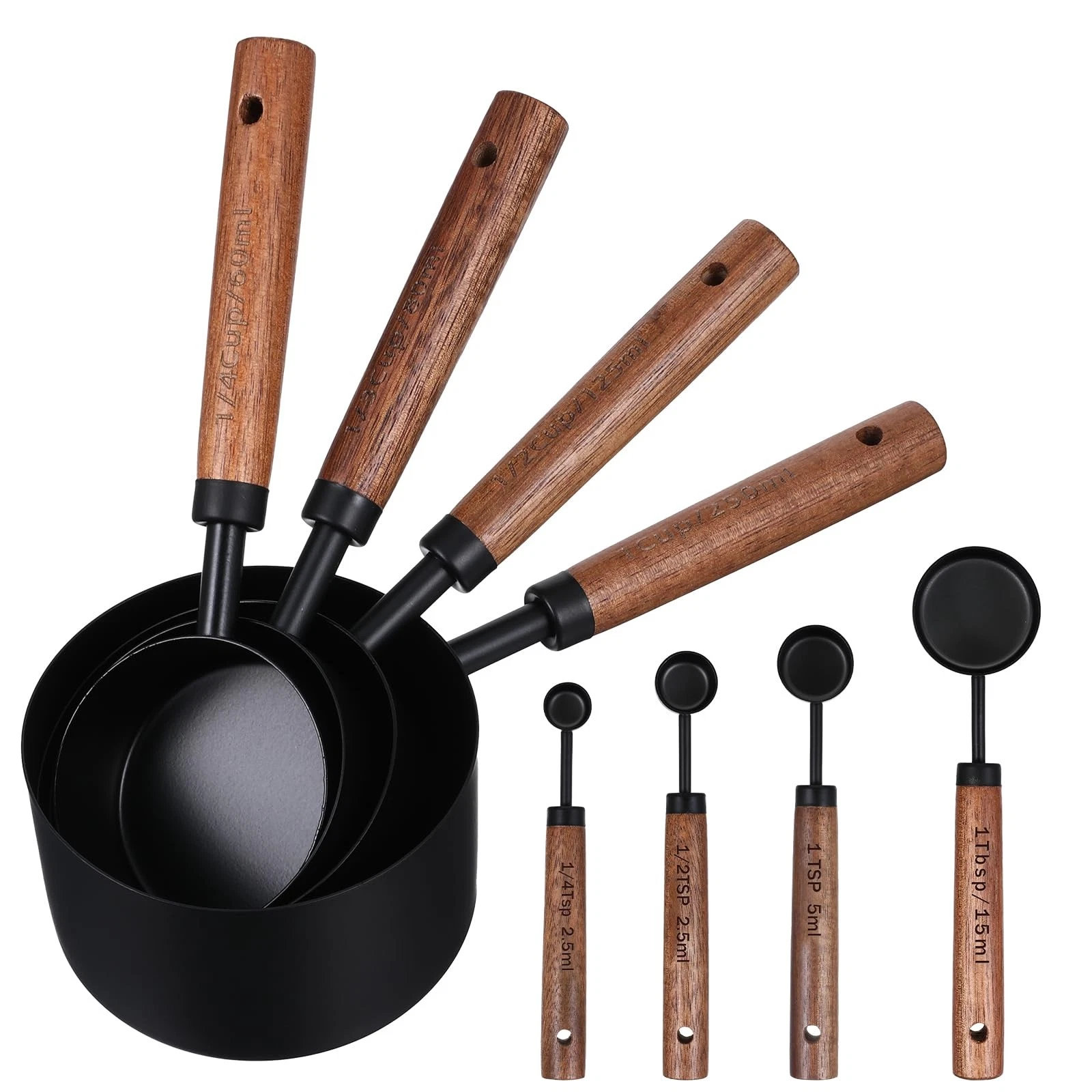 Stainless Steel Measuring Cups Set and Measuring Spoons Wooden Handle Metal M...