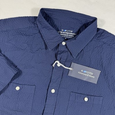 VINEYARD VINES Performance OTG Seersucker SS Shirt Men Size L Nautical Navy NWT