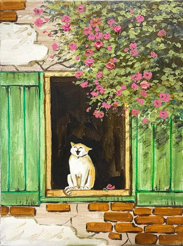 ORIGINAL PAINTING Ryta Rose Cat Garden Folk Art Flower Farm Decor Hand Painted