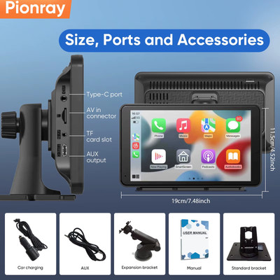 Portable Carplay 7'' Smart Touchscreen with Car Stereo, Wireless Android Auto/Mi