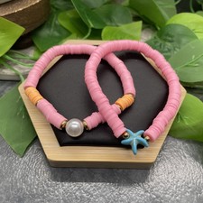 2 PC Set Heishi 7 Plus Stretch Bracelet Polymer Clay Beads Pearl B8188