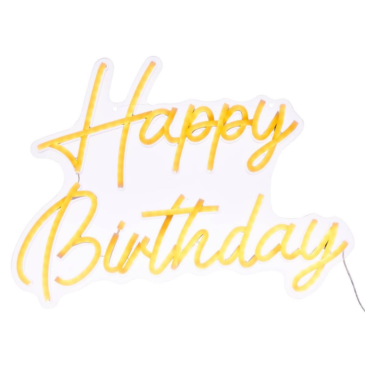 Néon LED Happy Birthday 42cm jaune pour une déco de fête réussie et sans effort