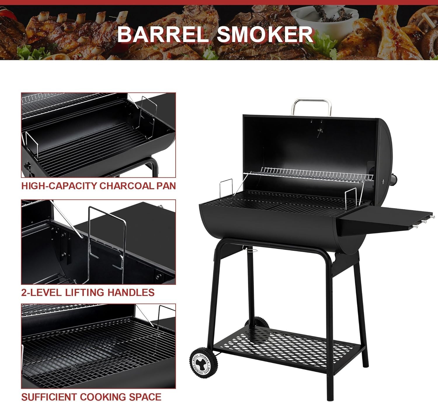 30 Inch Barrel Charcoal Grill with Warming Rack, Outdoor BBQ Grill