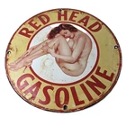 Vintage Red Head Gasoline Sign - Gas Motor Oil Pump Porcelain Pinup Girl Sign