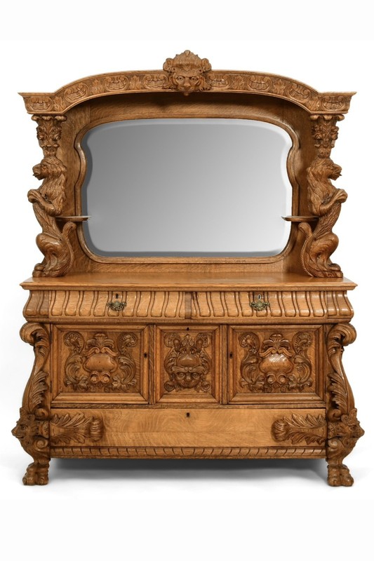 19C American RJ Horner Qtr. Oak Hooded Sideboard W/ Carved Full Figural Lions 