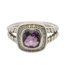 David Yurman 925 Sterling Silver Petite Amethyst Albion Ring Diamond Halo Size 7