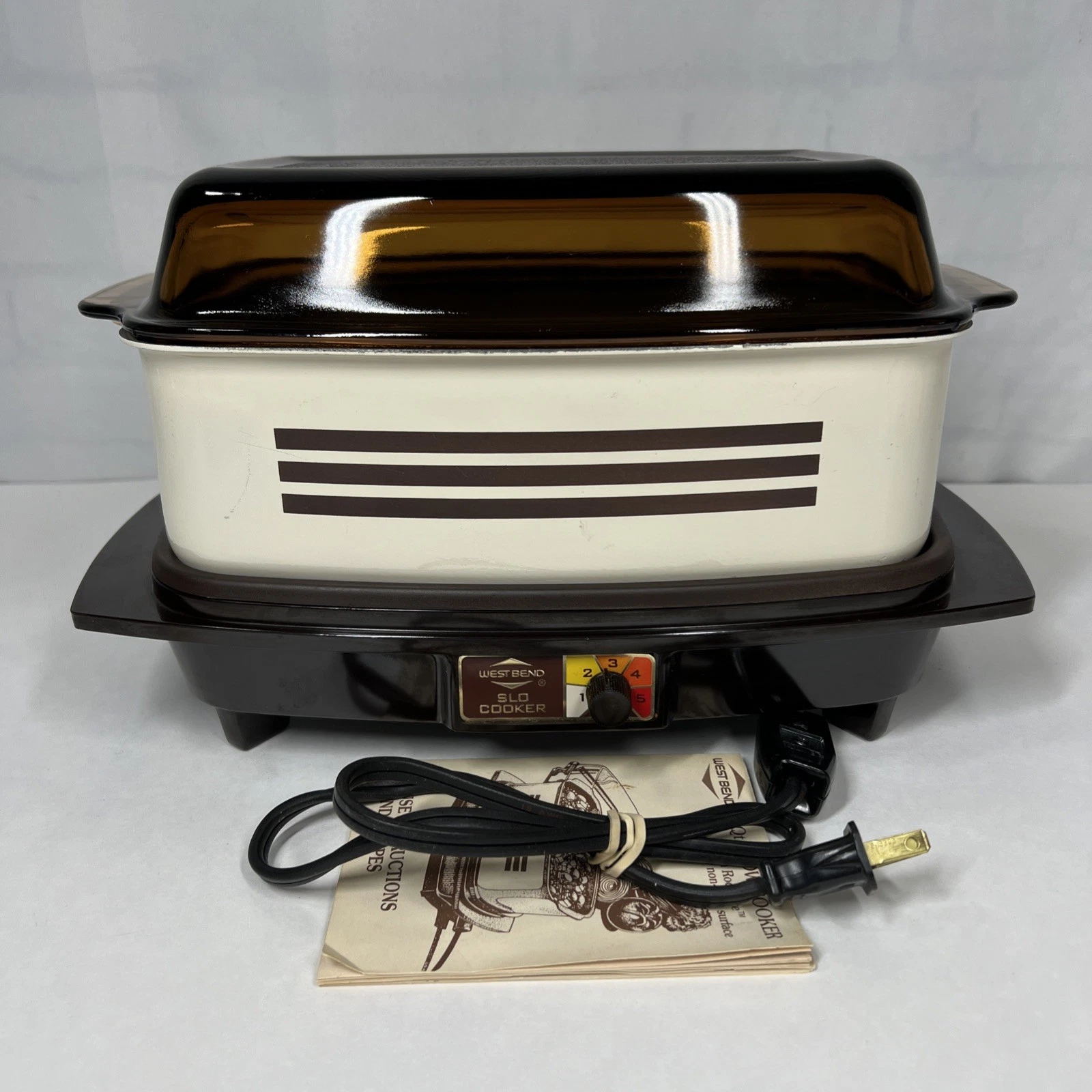 Vintage West Bend Slow Cooker Cat 84114 5 Heat Settings Brown Stripe Retro