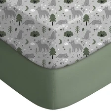 Perfect Fit Mini Crib Sheets - Stretchy Fitted Gray-Green + Fox Patterns
