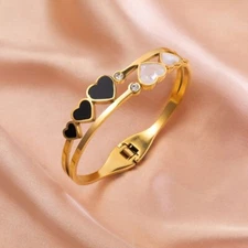 Woman 18K Gold Plated Mother of Pearl Heart CZ Cuff Bracelet Bangle