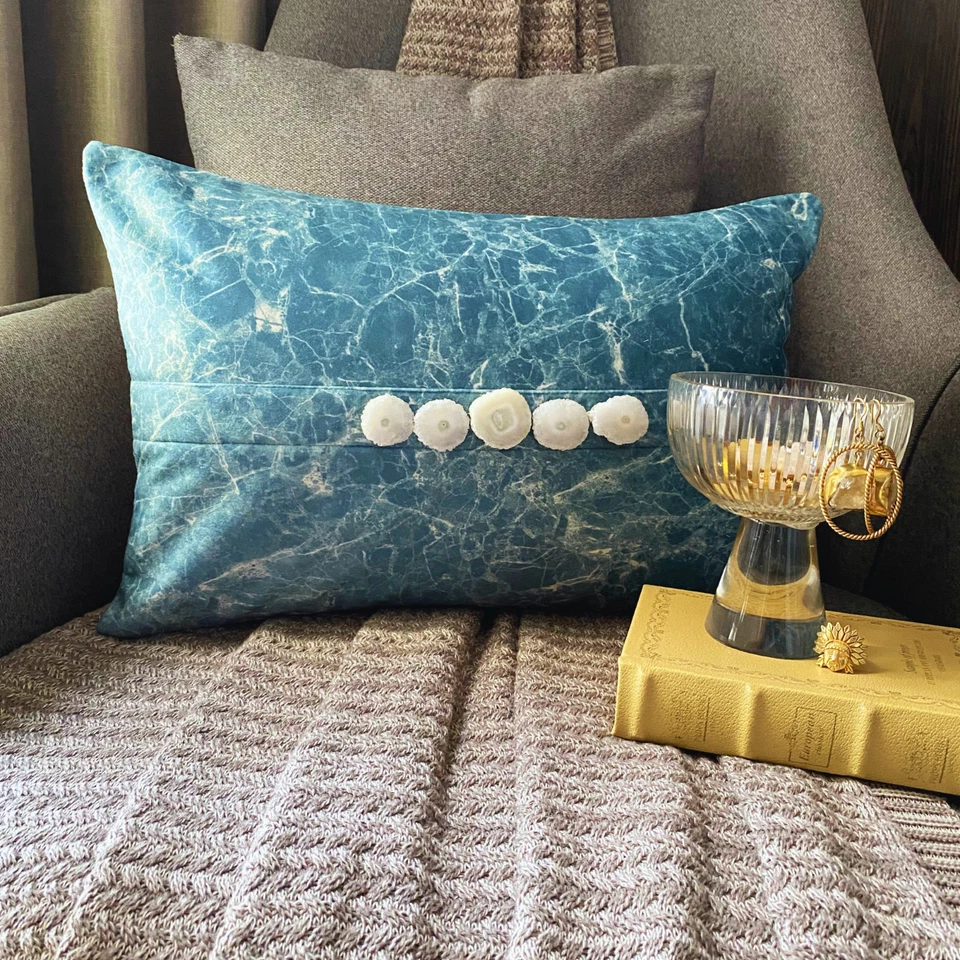 Teal Blue Suede Lumbar Pillow Cover Marble Print-Quartz Center Teal - Image 2 of 4