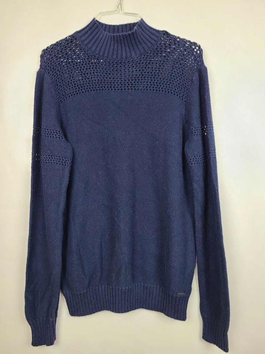 Volcom Womens Sweater Size Medium Navy Blue Mock Neck Crochet Yoke